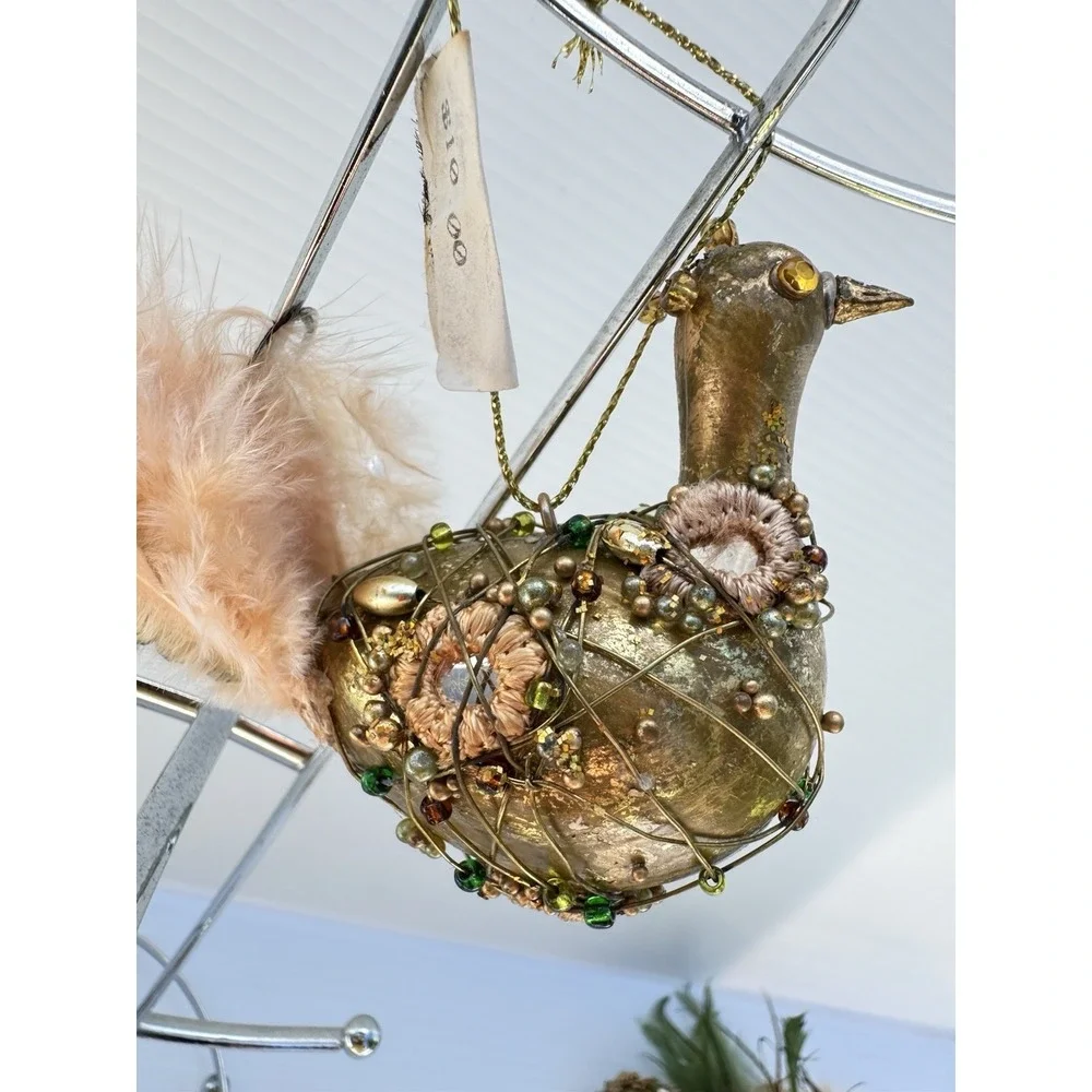 RARE Degage Gold Bird Feather Tail Ornament Beaded Jeweled Holiday Decor NWT